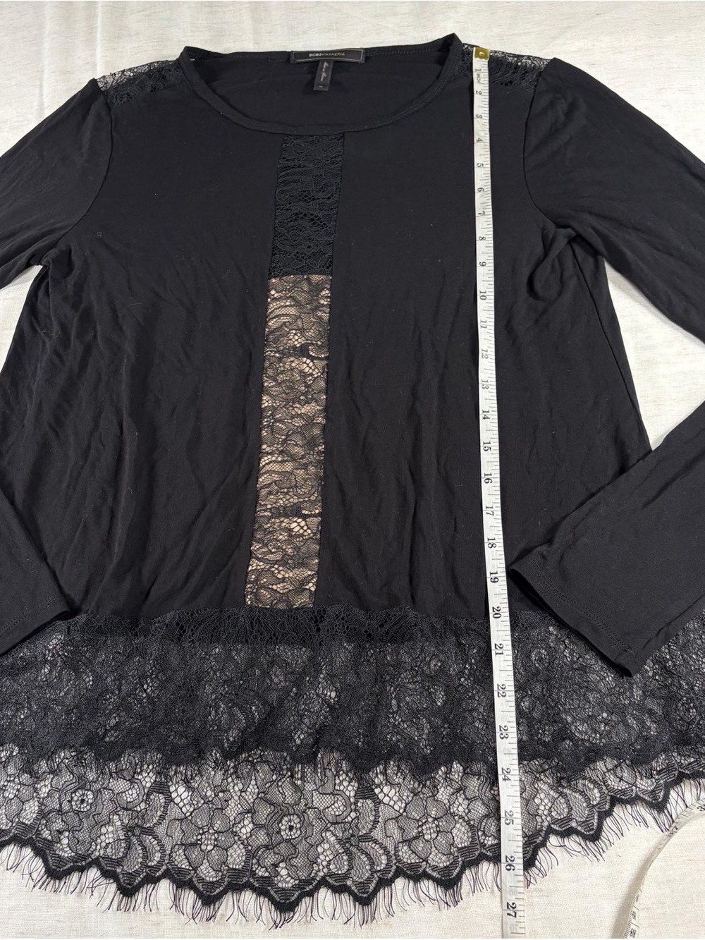 BCBGMAXAZRIA Black Solid Scoop Neck Long Sleeve Lace Hem Women's Top M - Picture 5 of 6
